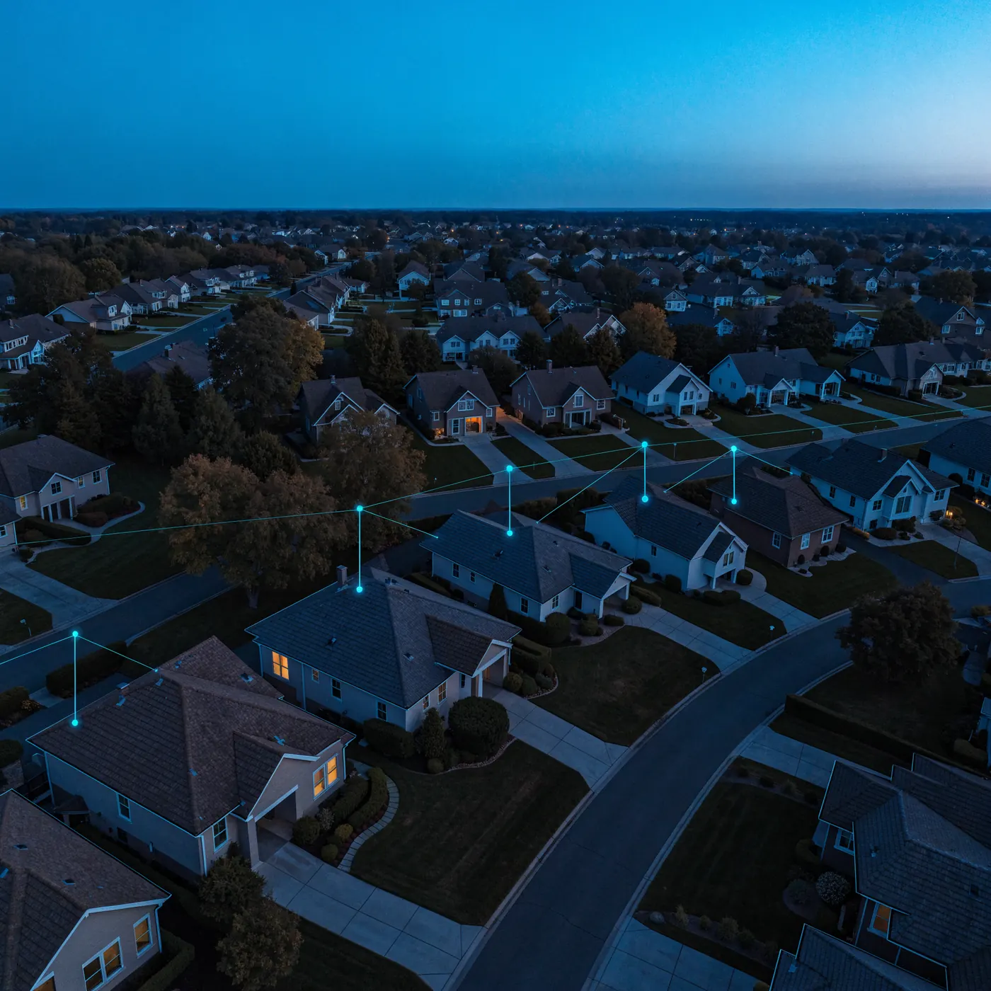 Abstract visualization of a property network: rooftops rendered as a wireframe mesh with individual parcels lit as connected nodes