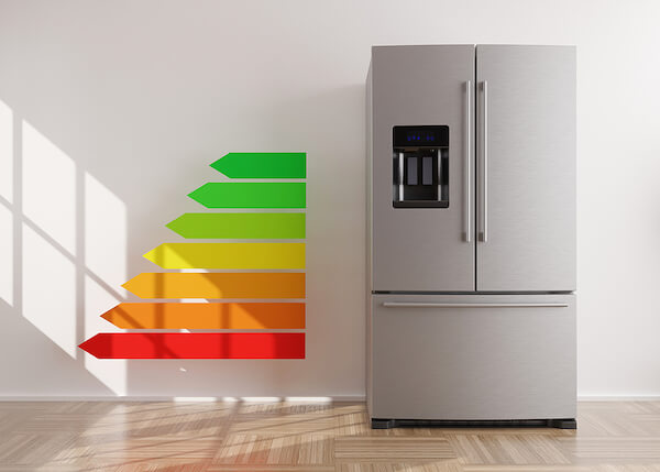 Refrigerator next to an energy efficiency graphic
