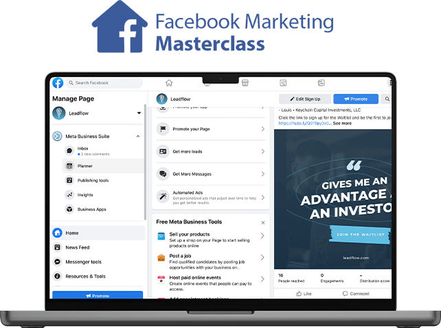 Desktop featuring Leadflow's Facebook Marketing Masterclass offer